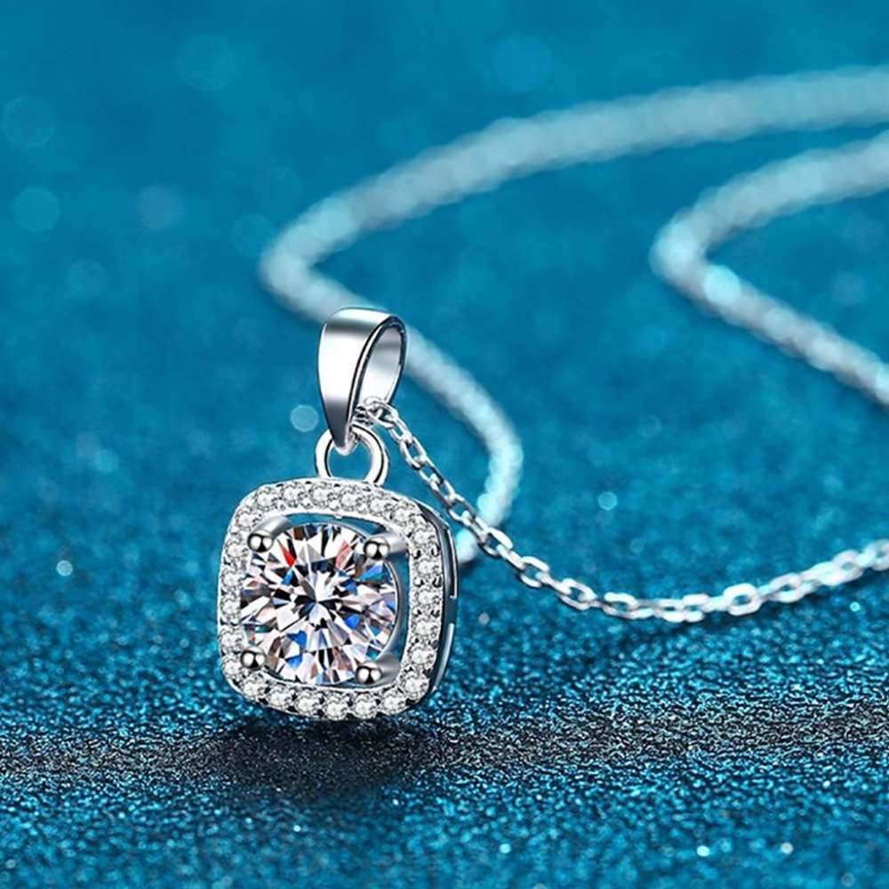 Certified 5ct. t.w. Moissanite Diamond Square Halo Necklace NEW - Picture 3 of 11